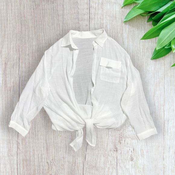 Womens White Linen Coverup Flowy Lightweight Sheer Button Down Shirt One Size - Picture 6 of 10